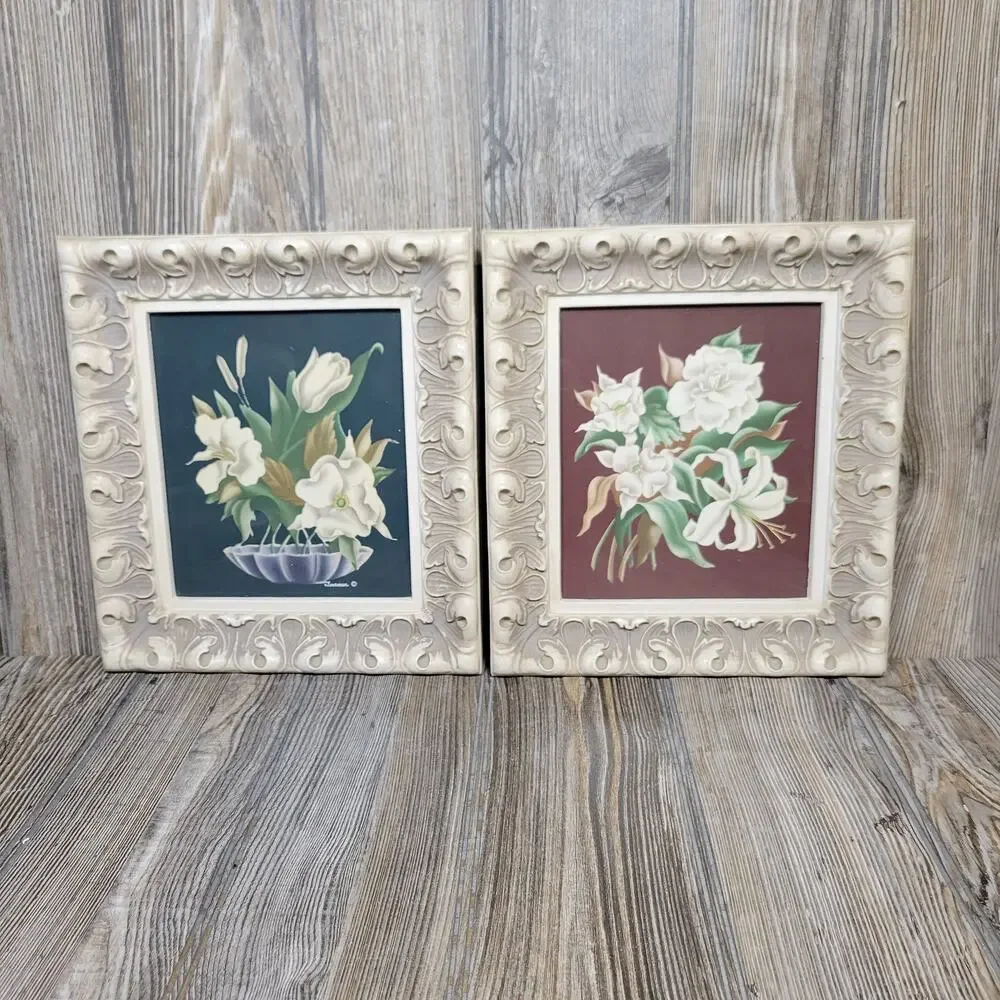 Vintage Turner Floral Prints Pair MCM White Flowers Ornate Cream Framed Wall Art